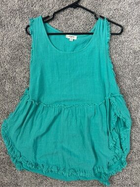 NWOT Umgee Teal Ruffle-Trim Sleeveless Peplum Tank